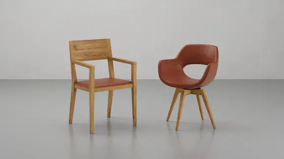 Stühle Caypo und Aves mit olivgrüner Lederpolsterung