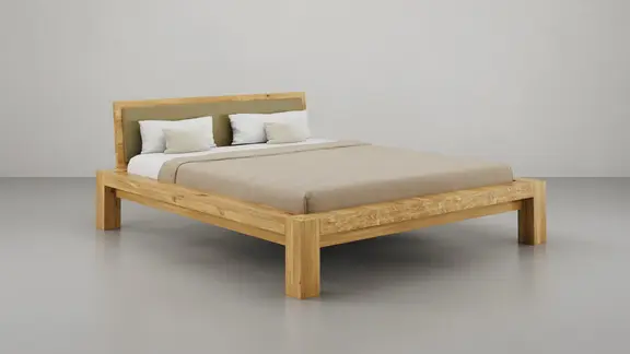 Bettmodell Bamaco mit Rückenlehne und olivgrüner Lederpolsterung