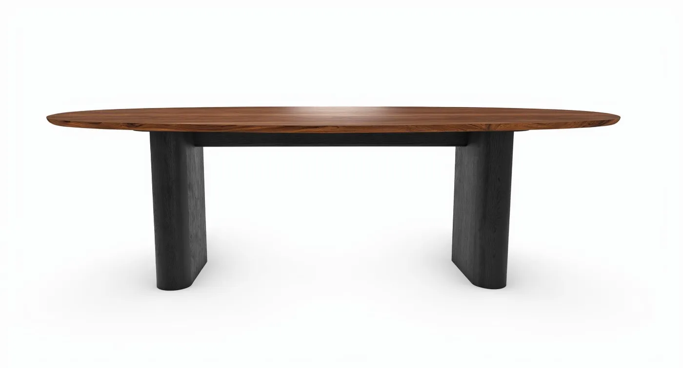 Ovaler Esstisch OSTUNI mit Platte aus Nussbaum und zwei schwarzen Massivholzwangen, 300 × 110 cm